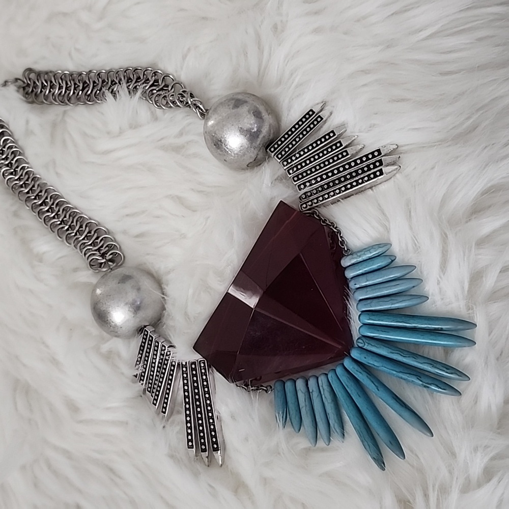 VINTAGE CHUNKY SILVER NECKLACE DIAMOND SHAPE TURQUOISE CHAIN / RARE TURQUOISE